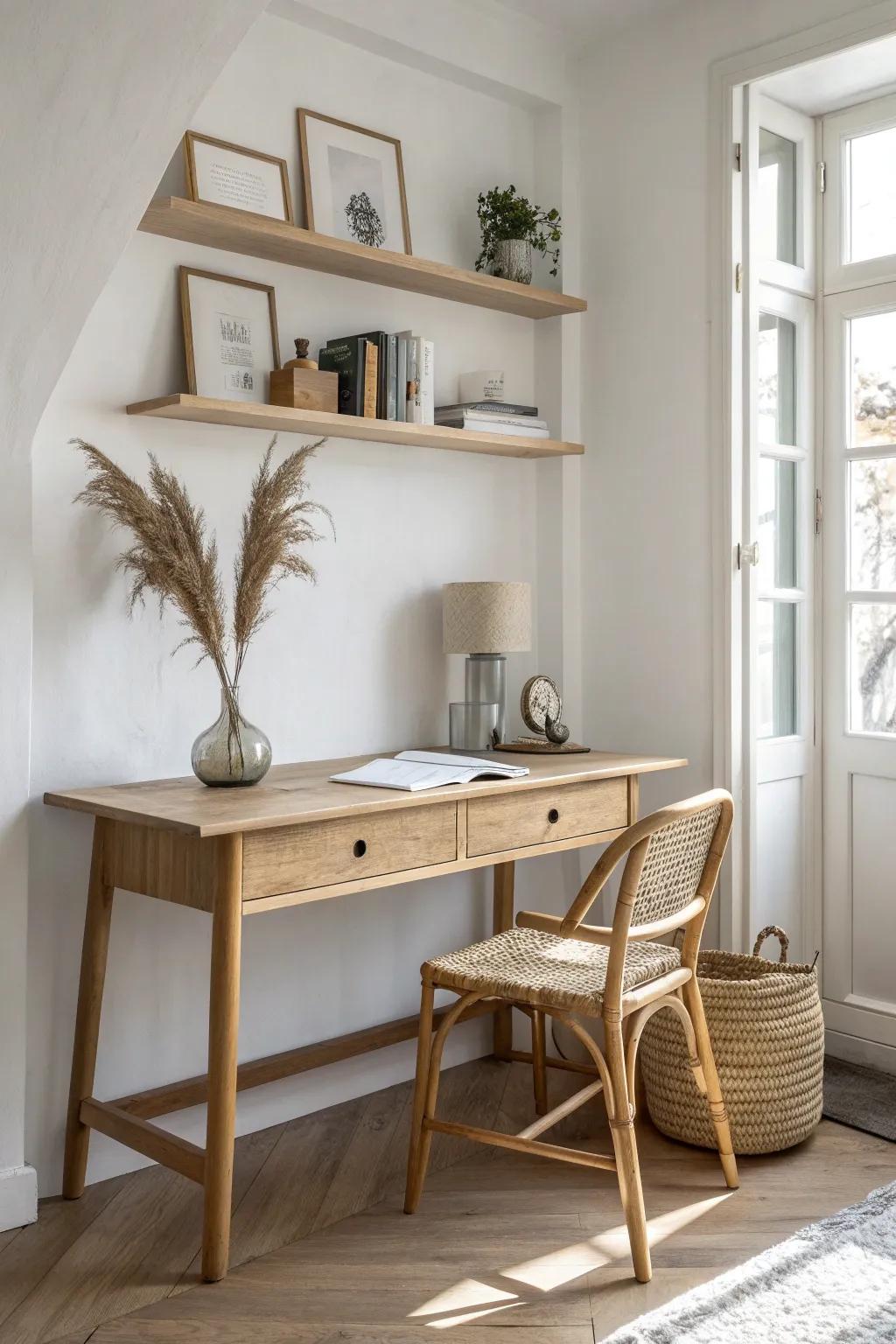 A slim oak desk nook in a bedroom alcove—keeps work contained, calm, and beautifully minimal.