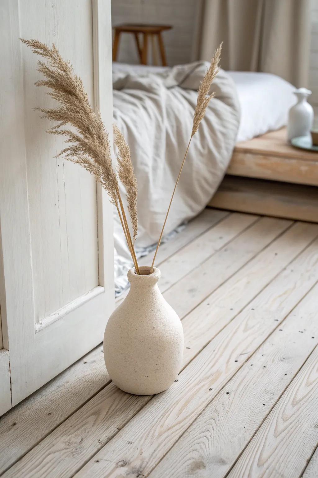 Whitewashed wood floors brighten small bedrooms—stop before the grain looks painted over.