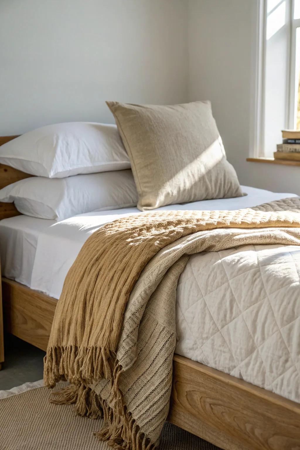 Layer linens, knits, and quilts for a plush small-bedroom look—no extra floor space needed.