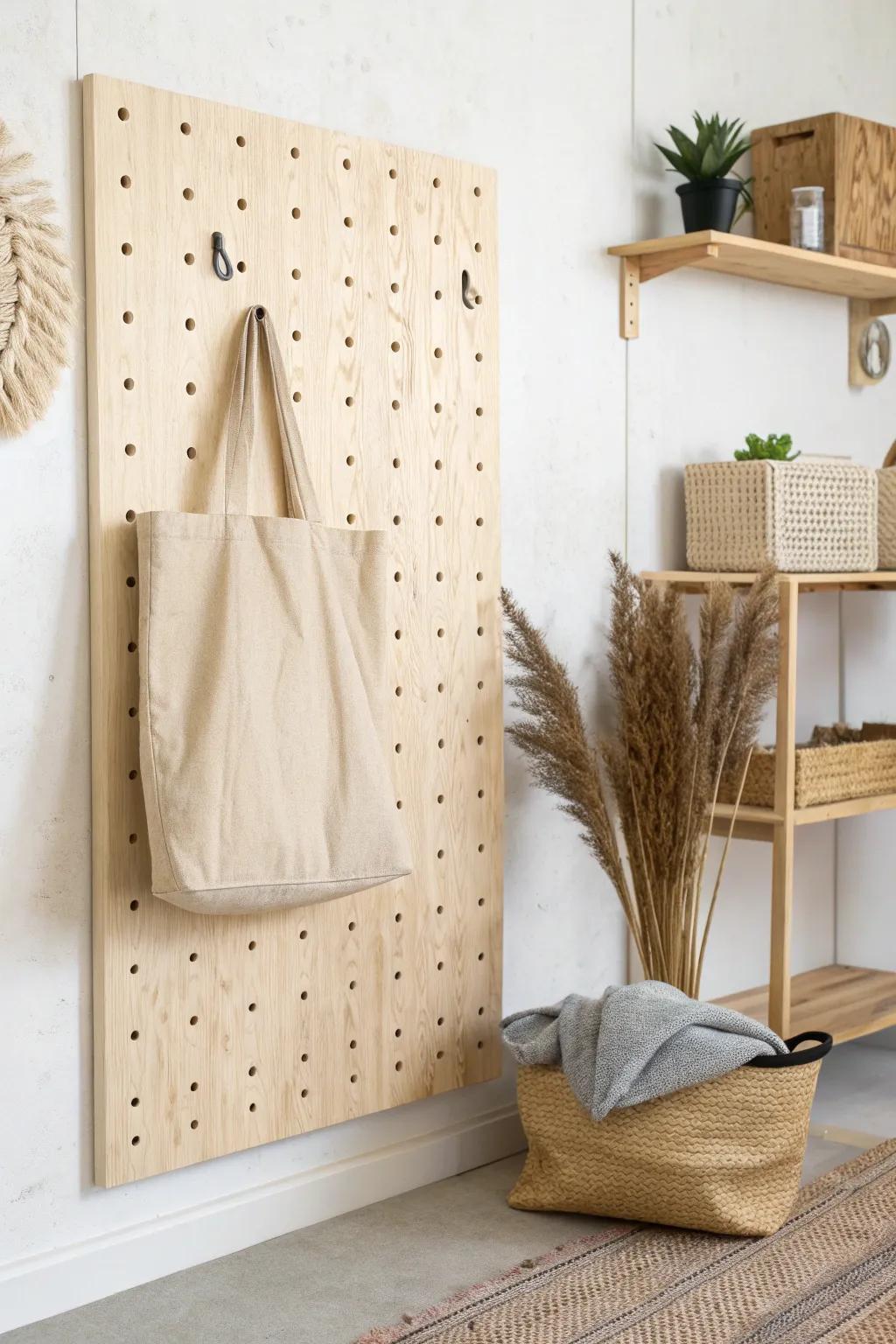 A tidy plywood pegboard wall that adapts fast—move hooks and shelves in minutes.