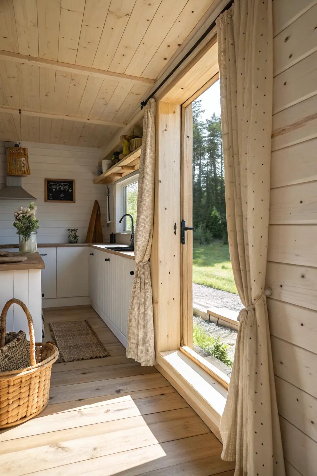 A simple wood pass-through shares light and space—without losing that cabin-cozy feel.