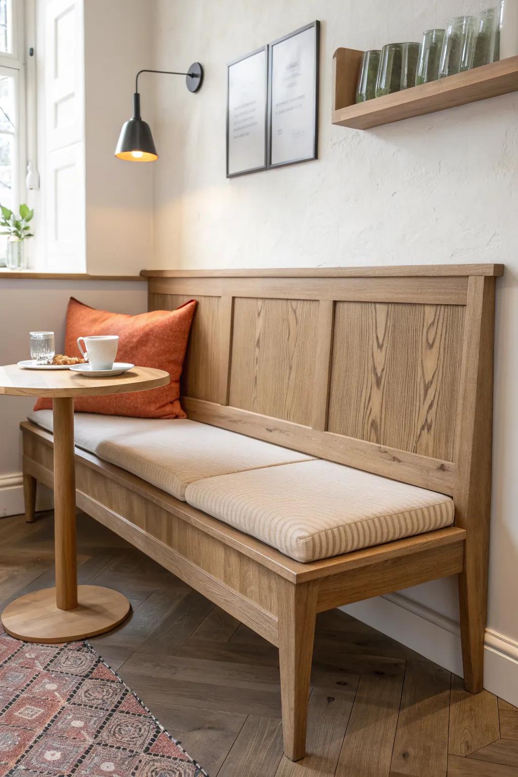 A slim built-in oak bench turns one wall into the coziest, most-used cafe seat.