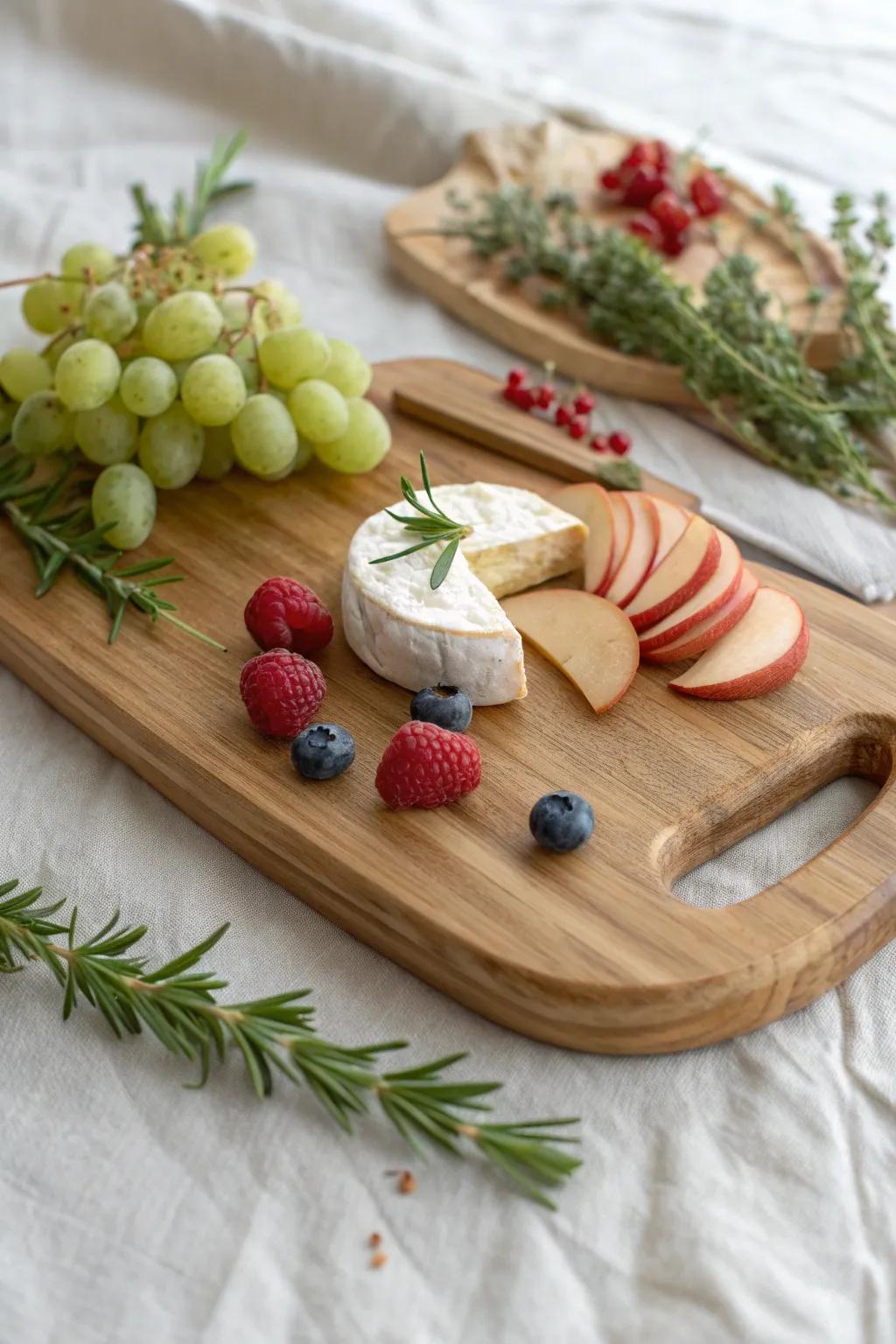 Fruit-forward mini cheese board: bright berries, crisp apples, and creamy cheese on warm wood.