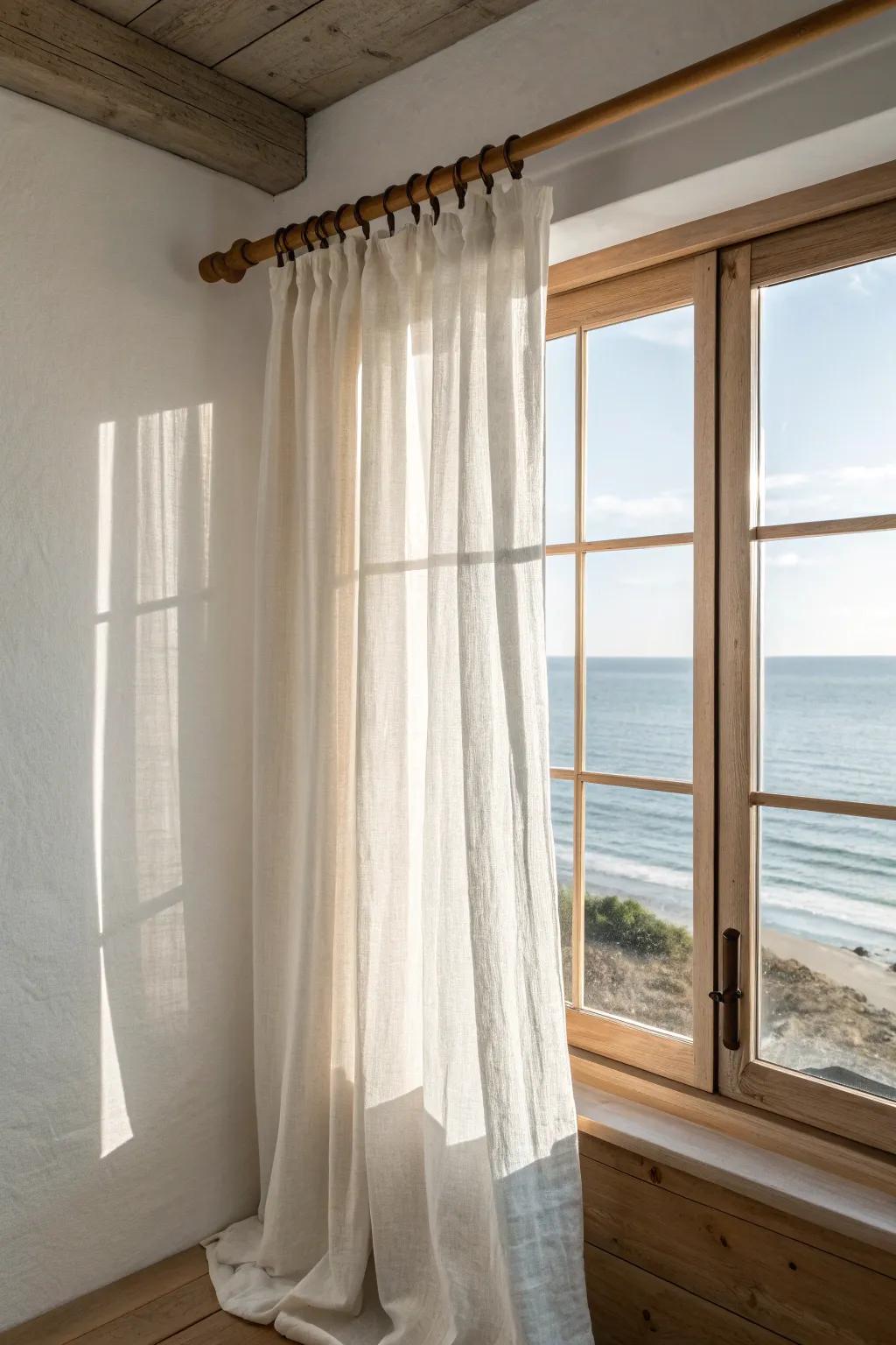 Sheer linen curtains on a handcrafted oak rod—brightening a tiny coastal bedroom effortlessly.