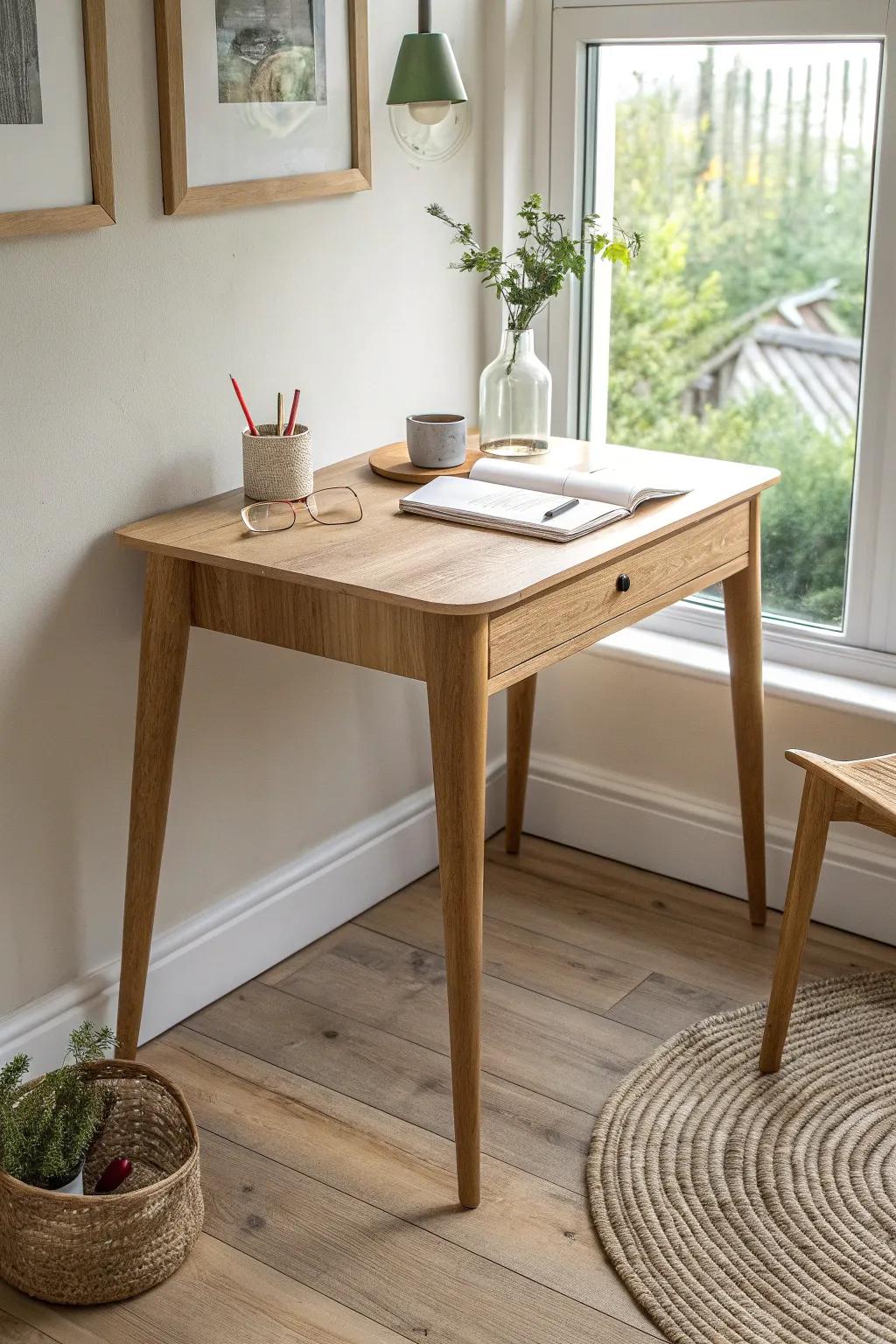 A window-facing corner desk in light oak—bright, calm, and perfect for tiny work sessions.