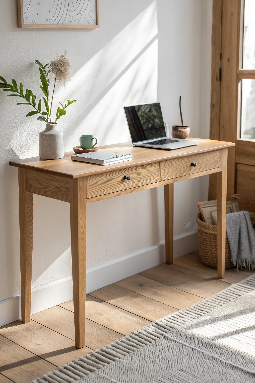 A slim console table desk that blends in beautifully—refinished wood charm for daily laptop use.