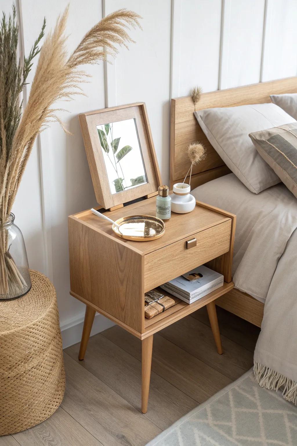 A bedside table with a flip-up mirror tray—sleep to ready in seconds, no extra furniture.