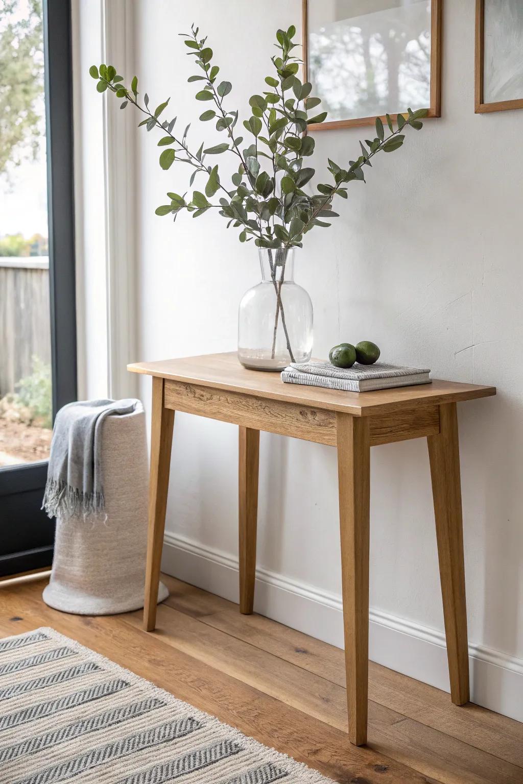 One tall leafy branch in a clear vase brings fresh height to a small entry table.
