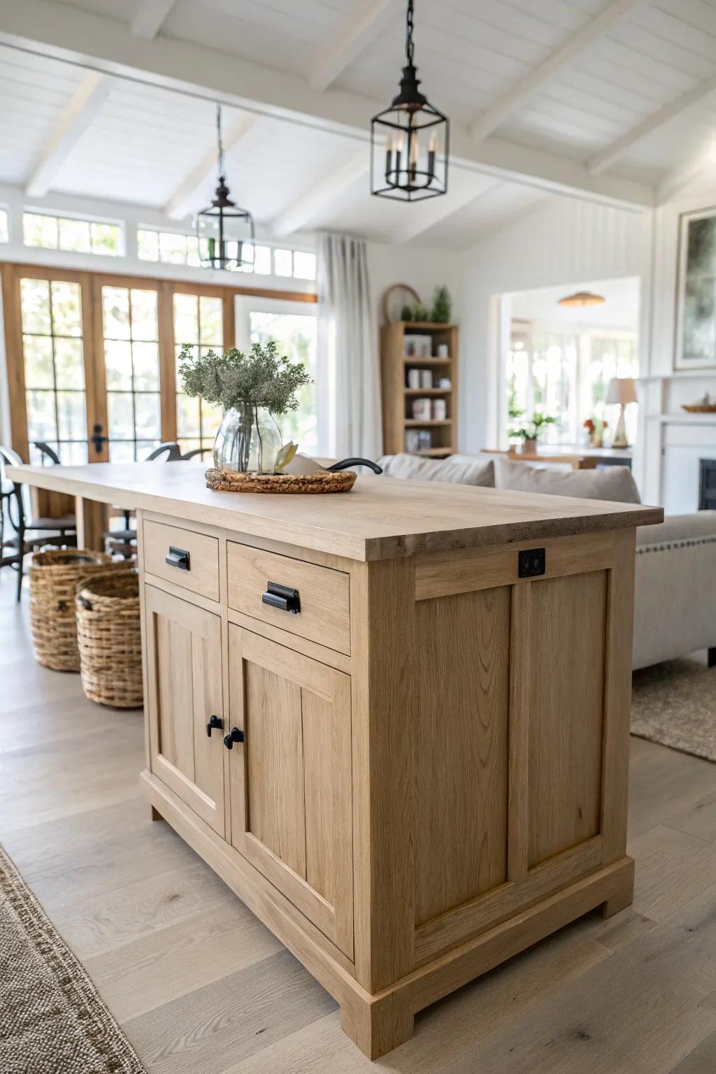 Light-oak island anchors an open-concept farmhouse, making a small space feel airy.