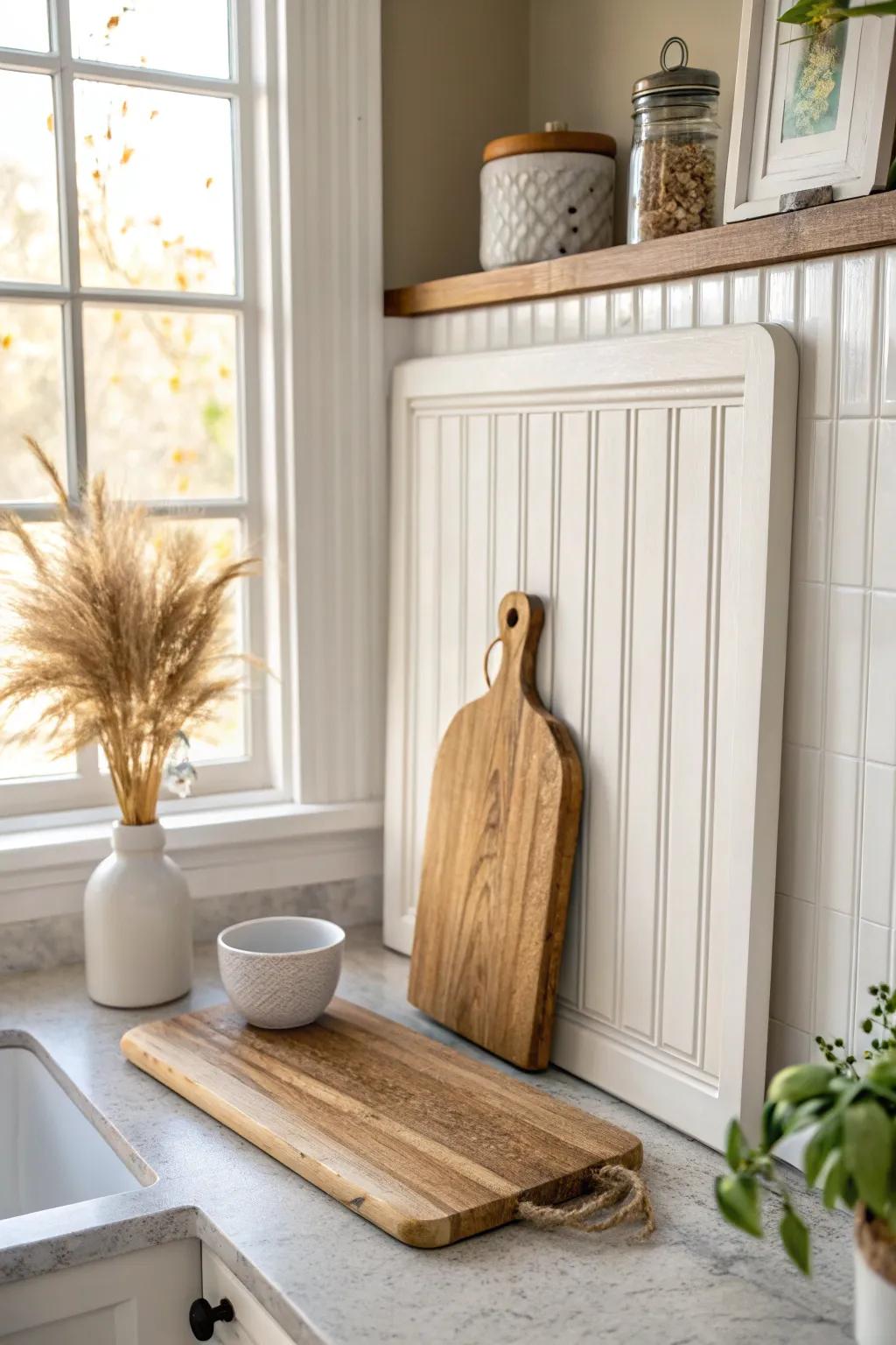 Budget farmhouse charm: crisp white beadboard backsplash with warm oak accents.