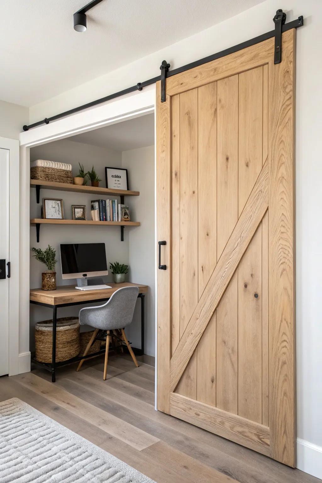 A cozy cloffice hidden behind a handmade oak barn door—farmhouse function, minimalist calm.