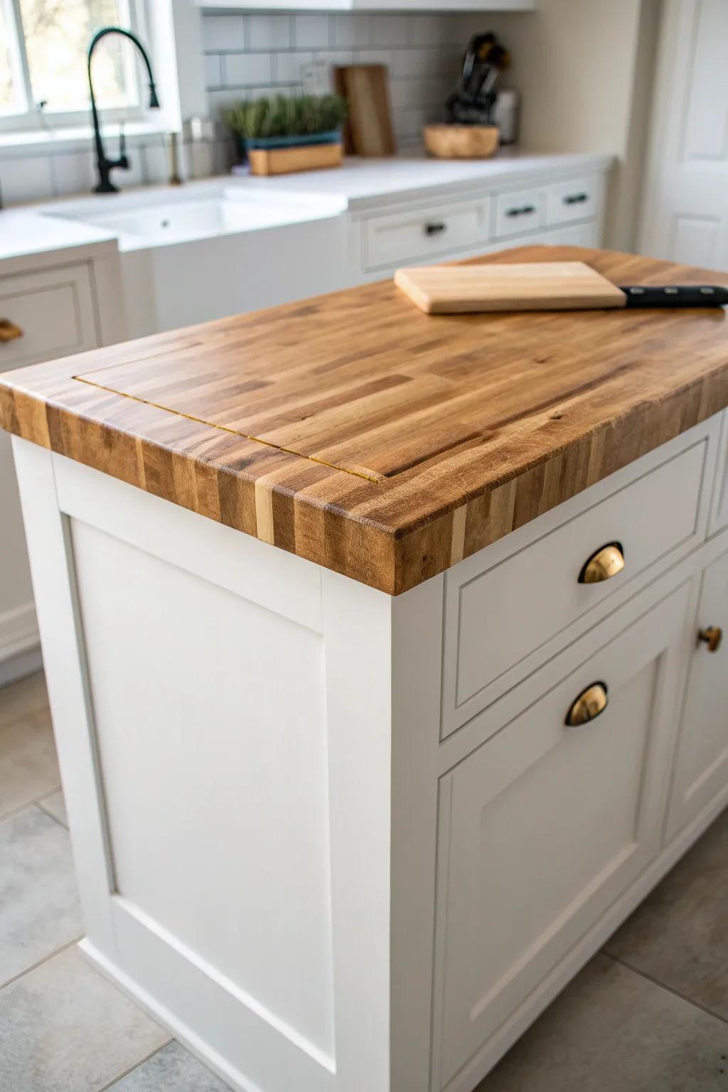 Warm up a small L-shaped kitchen with a cozy butcher-block island top and natural grain.