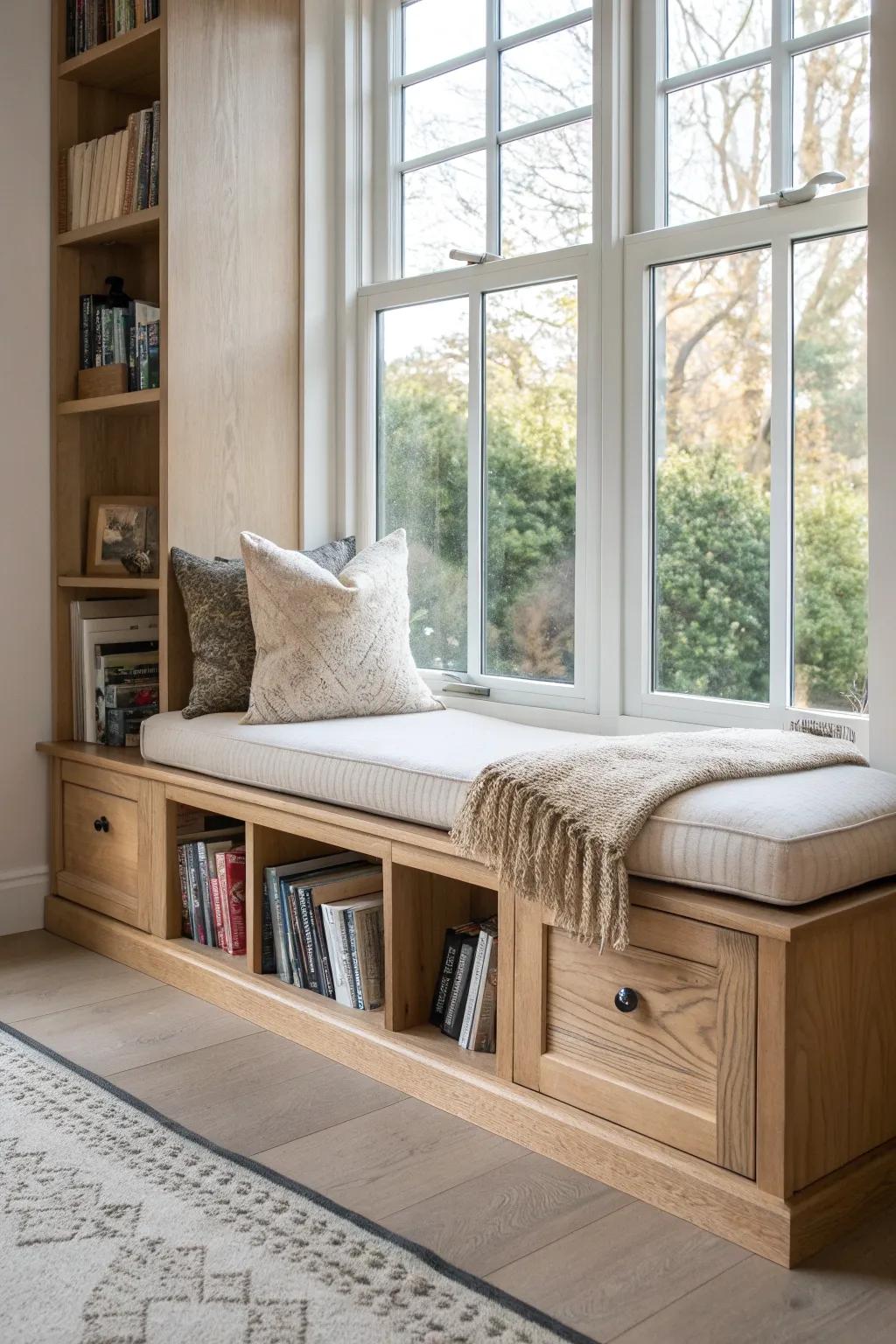 Cozy window seat with book cubbies and drawers—Scandi minimalism in warm reclaimed wood.