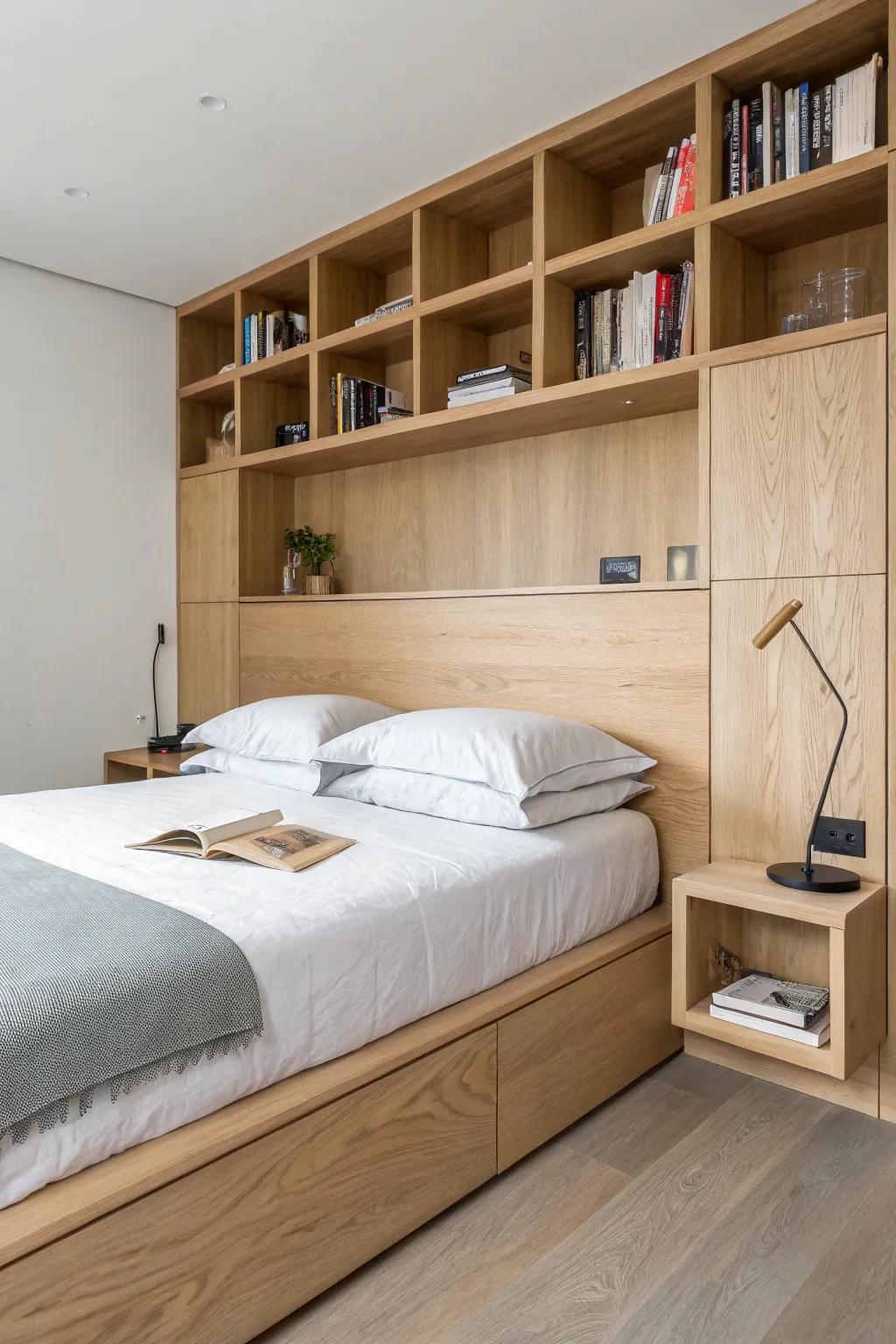 Built-in headboard shelving keeps essentials close and frees floor space in a small room.