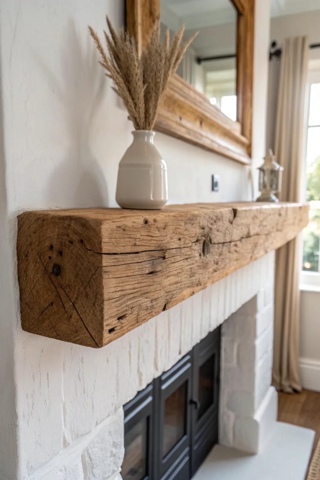 A chunky reclaimed mantel shelf adds rustic character with clean, minimalist contrast.