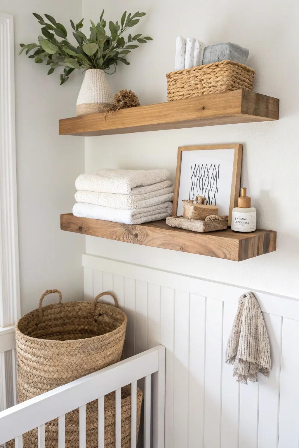 Floating oak shelves over the changing zone keep tiny nurseries tidy without taking floor space.