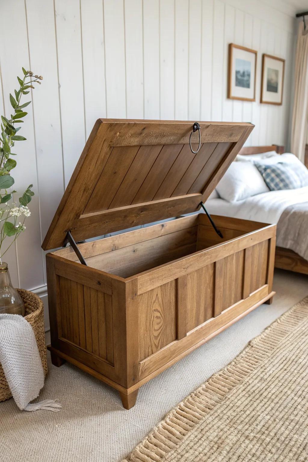 Cozy farmhouse plank storage bench with a hinged lid—warm wood, clean lines, and smart storage.