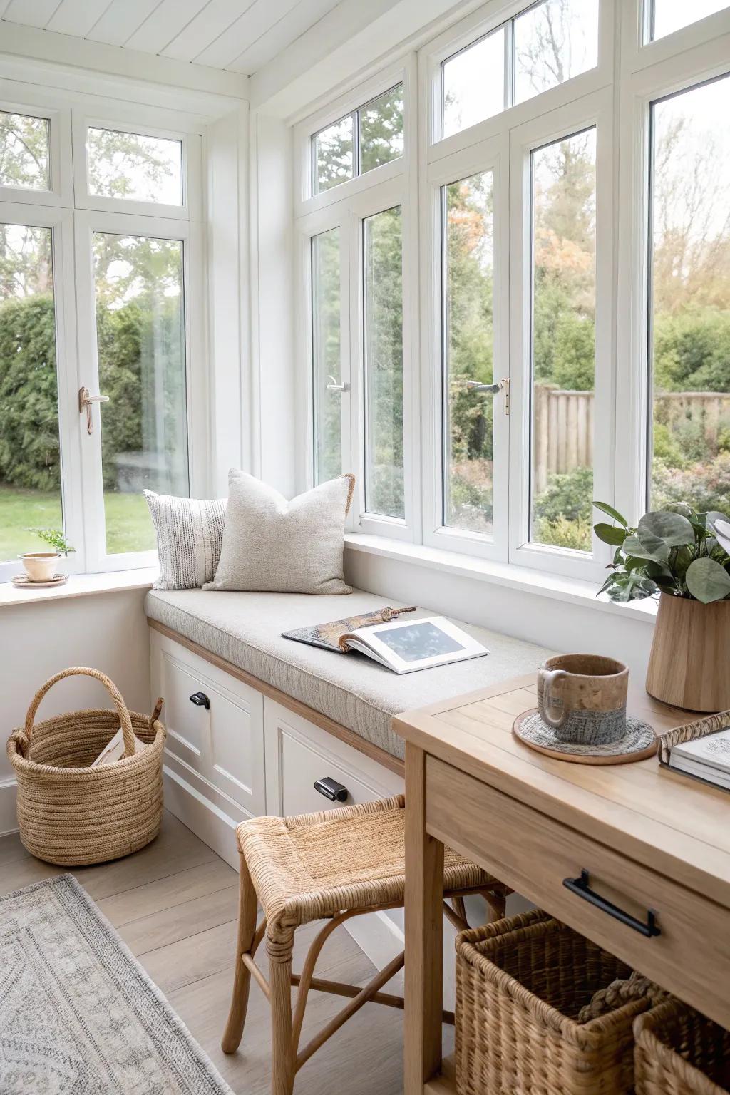 Sunroom built-in bench + desk return: bright, minimal, and packed with hidden storage.