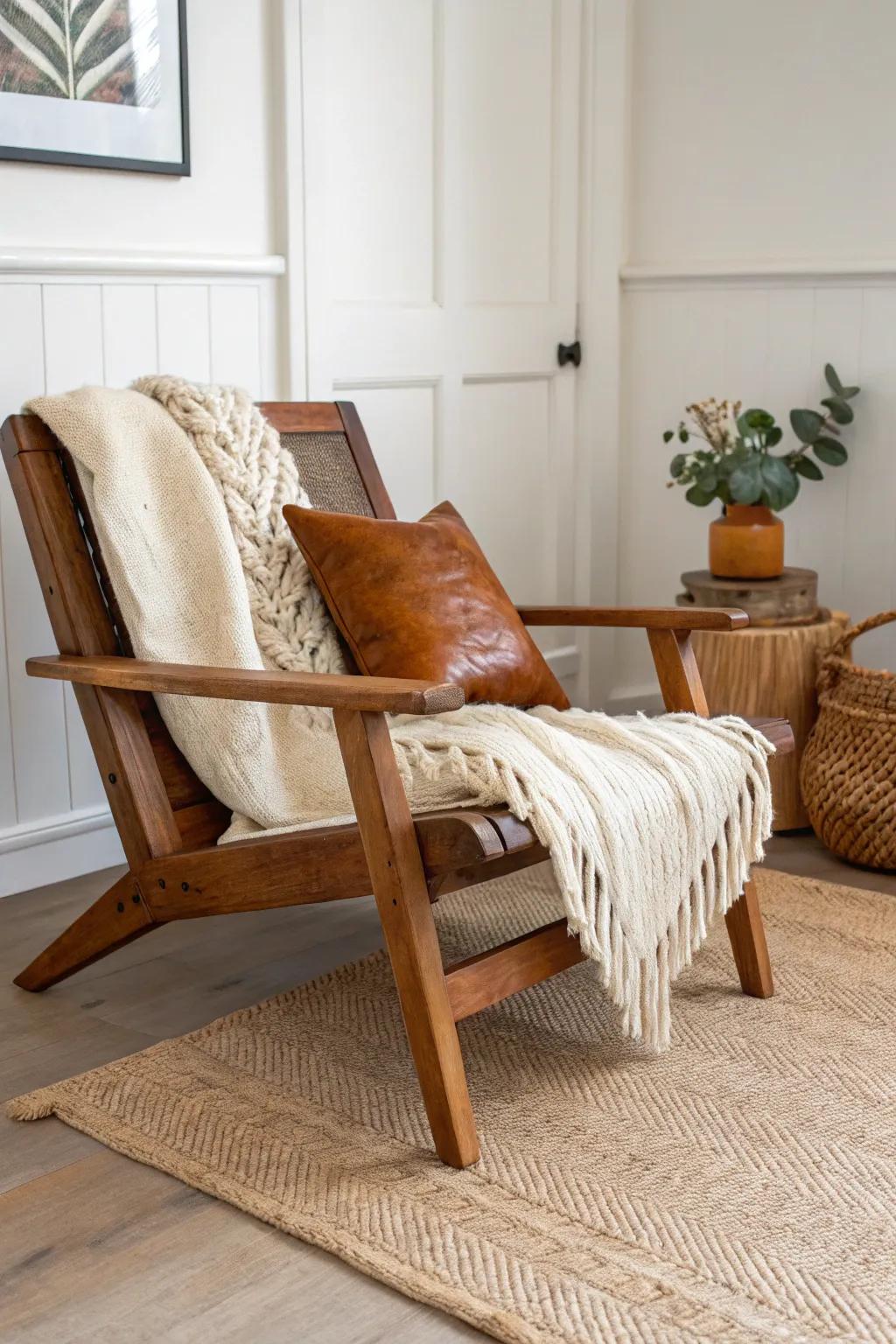 Reclaimed wood + chunky knits + linen and leather—cozy layers without adding extra furniture.