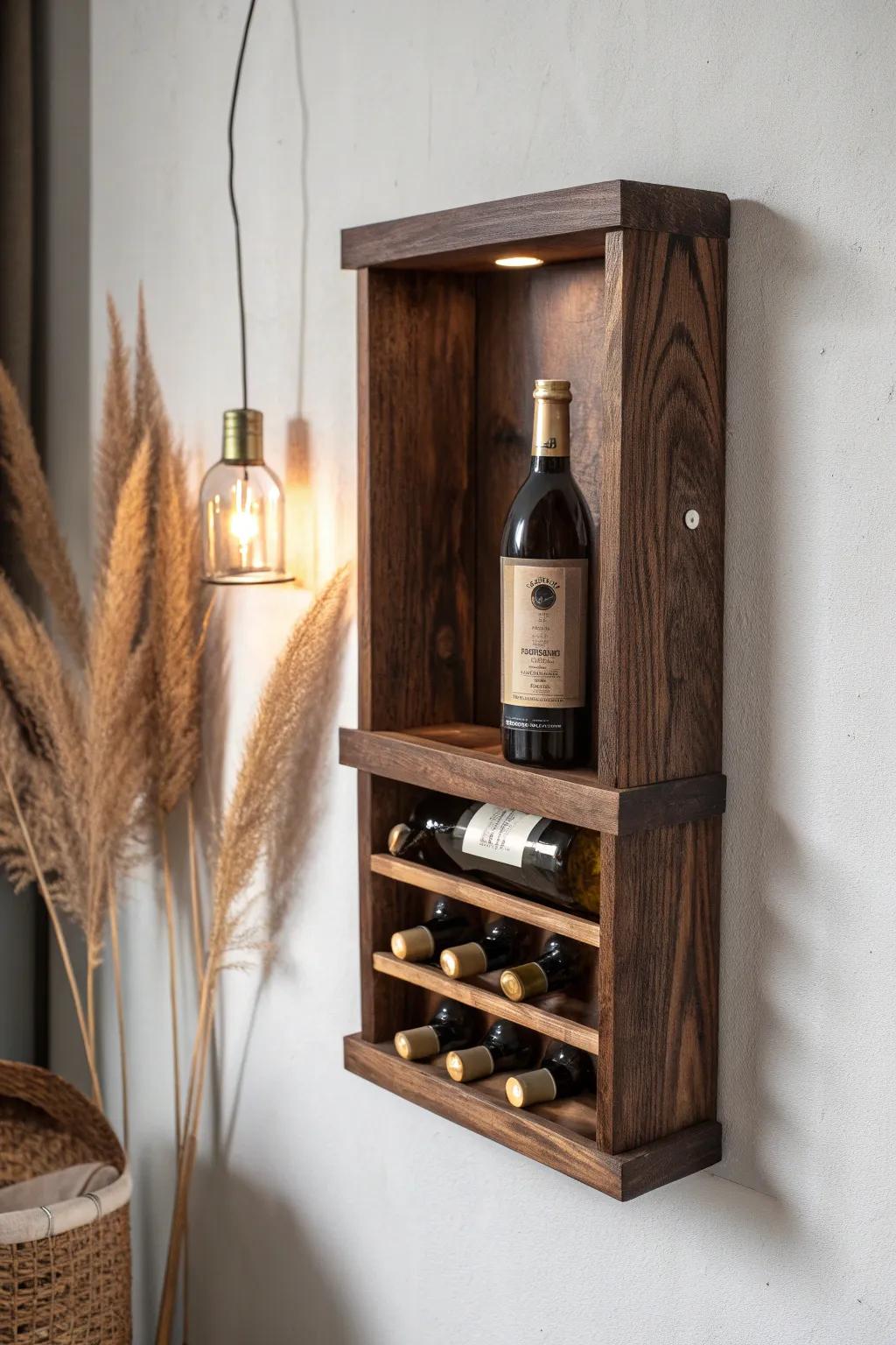 Dark walnut wine rack with warm under-shelf glow—moody, intimate tasting room charm.
