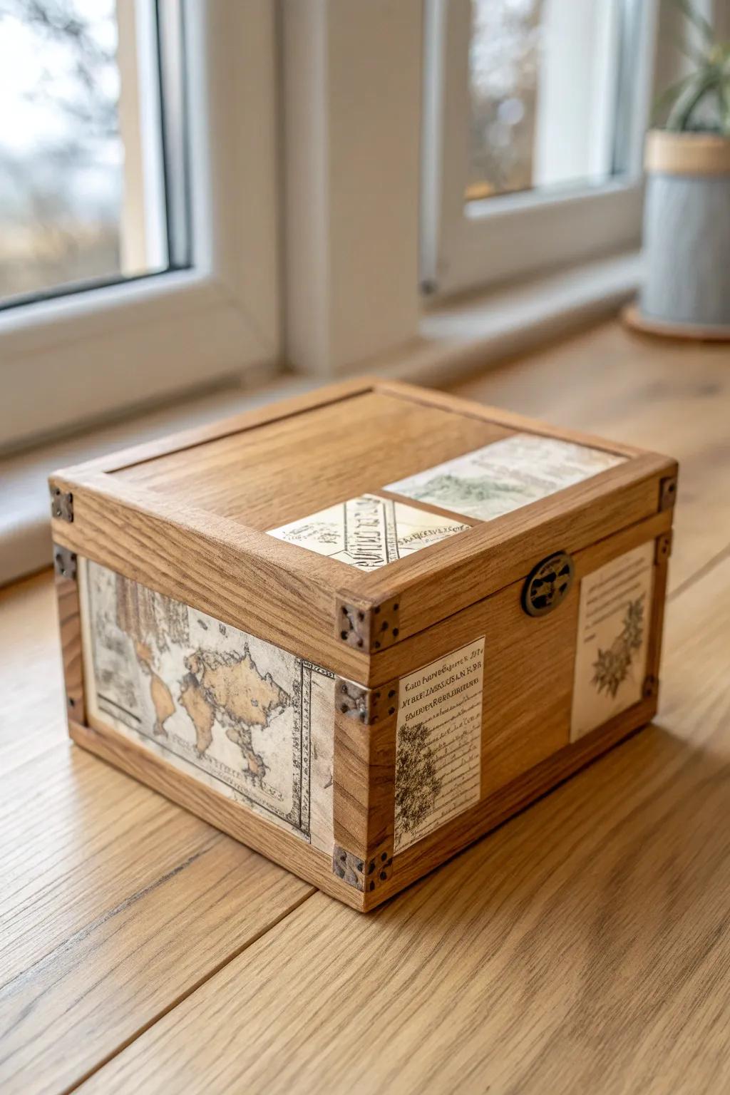 Warm vintage paper collage sides turn a simple wooden box into a collected, cozy keepsake.