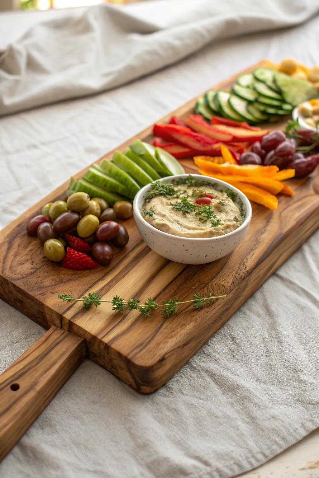 Mediterranean grazing board on reclaimed wood—olives, crisp veg, pita chips & herb dip.