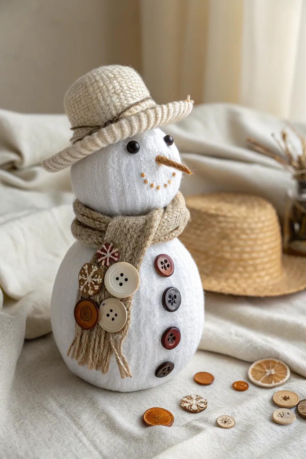 Transform simple fabric and buttons into a chic snowman masterpiece with boho flair.