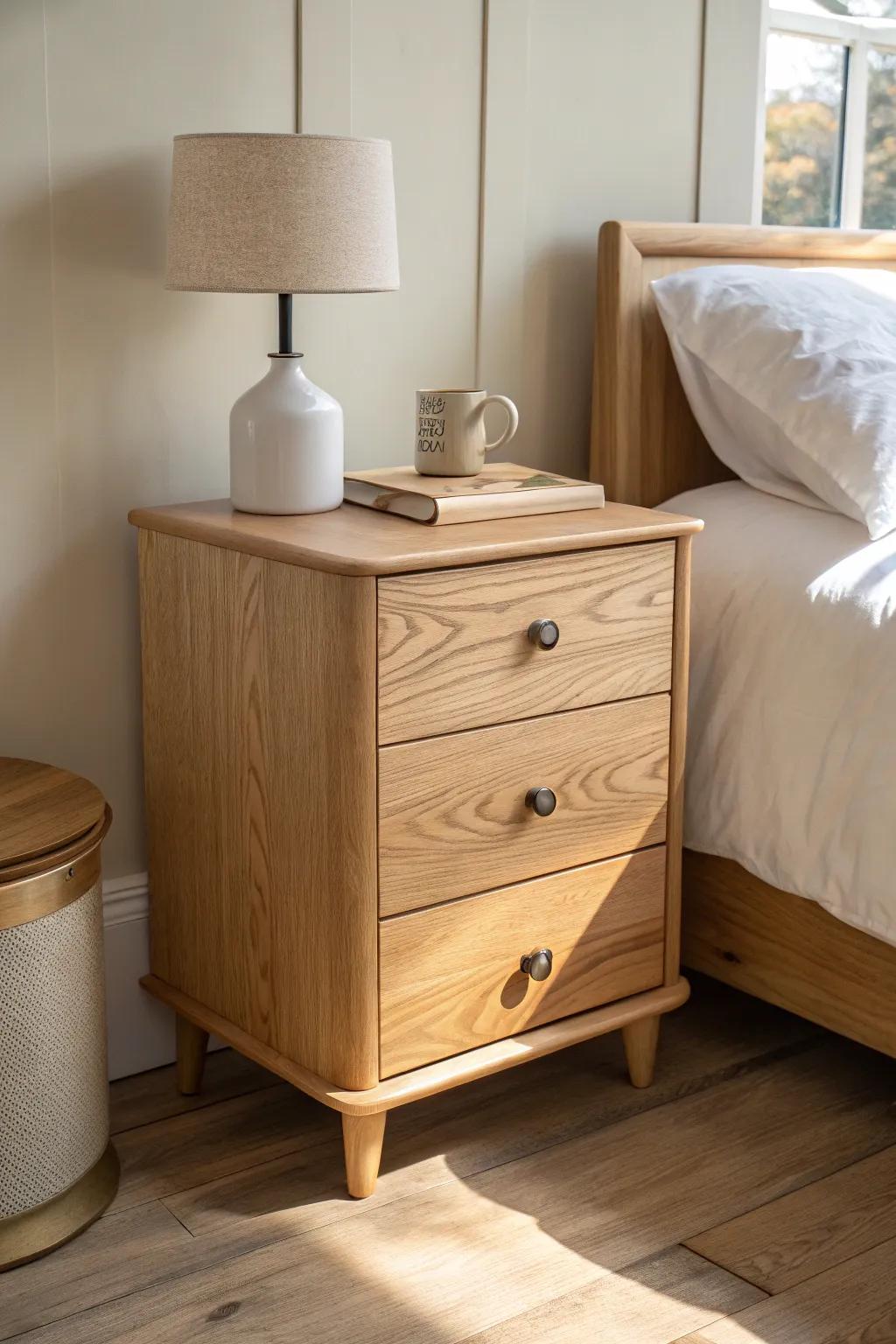 A small 3-drawer dresser as a nightstand—minimal look, big storage, warm oak charm.