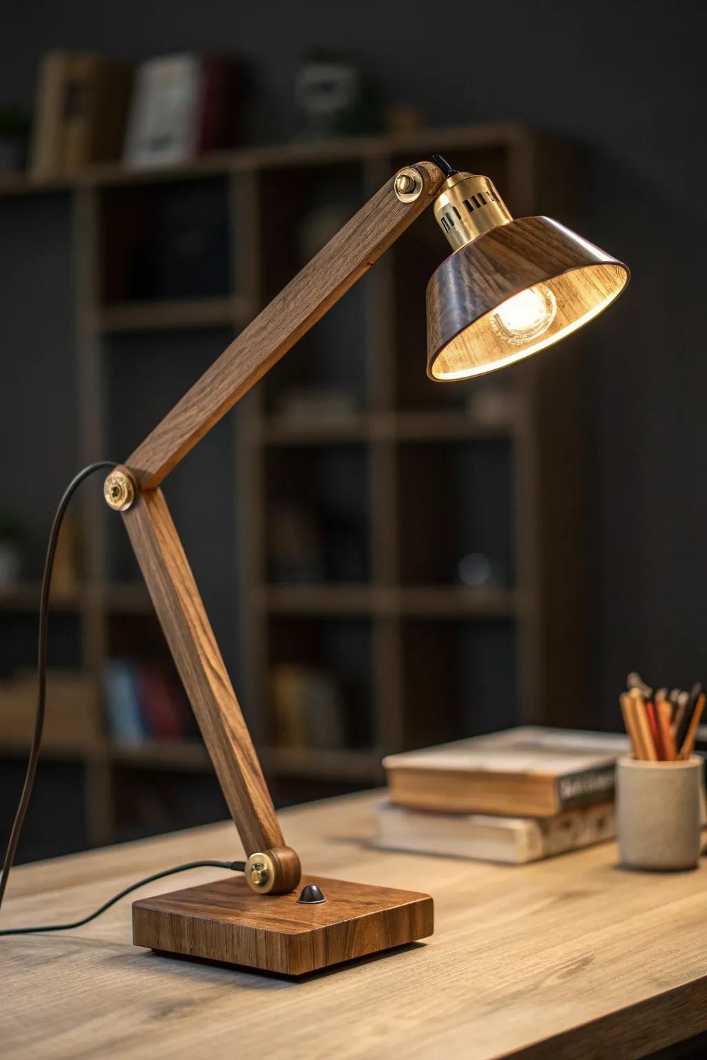 Low, warm lighting layers—one handcrafted wood lamp creates a calm, speakeasy office glow.