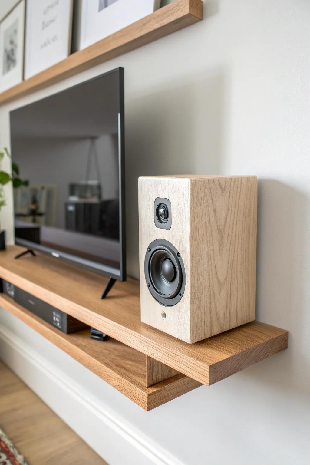 A floating oak speaker shelf with a hidden rear cable channel—clean lines, zero cord clutter.