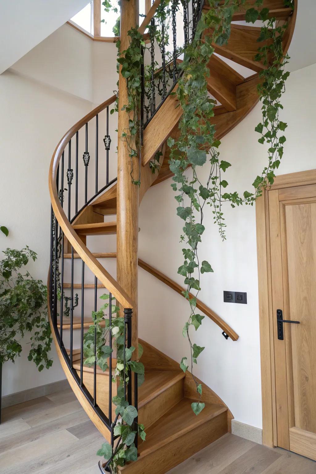 Light, airy green vines soften a spiral railing while keeping the lines clean and grab-friendly.