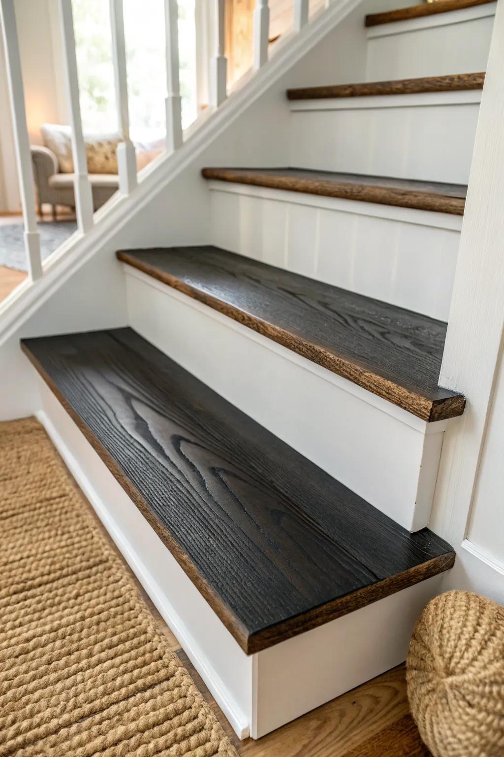 Near-black stained treads add modern farmhouse drama while keeping the wood grain warm.