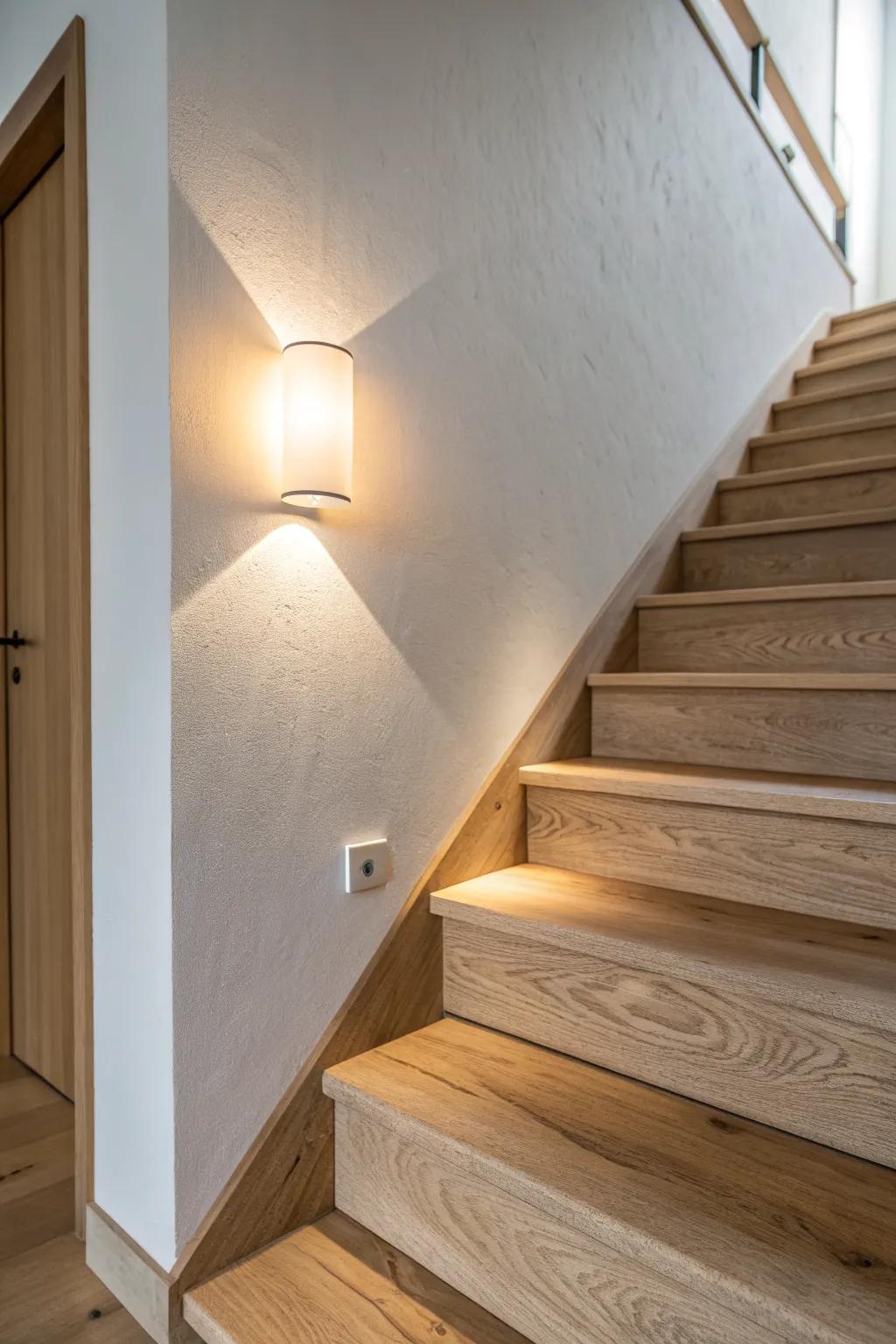 Low recessed wall light washes oak steps, creating a clean, floaty glow without glare.