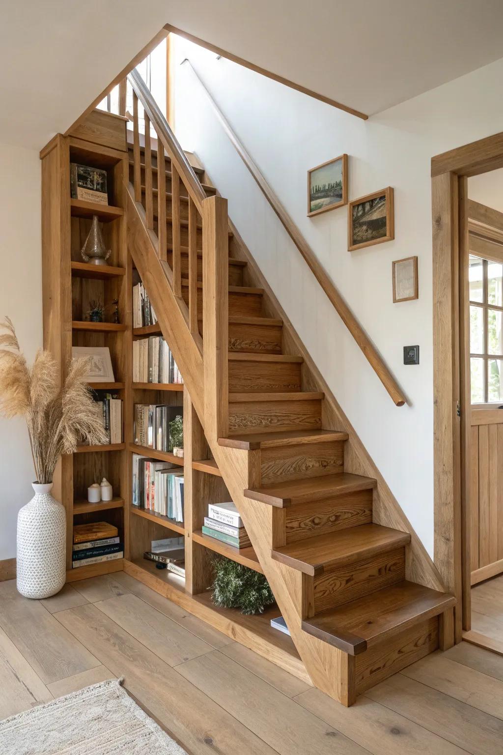 A cozy bookshelf staircase to the loft—reclaimed wood, minimalist lines, and warm texture.