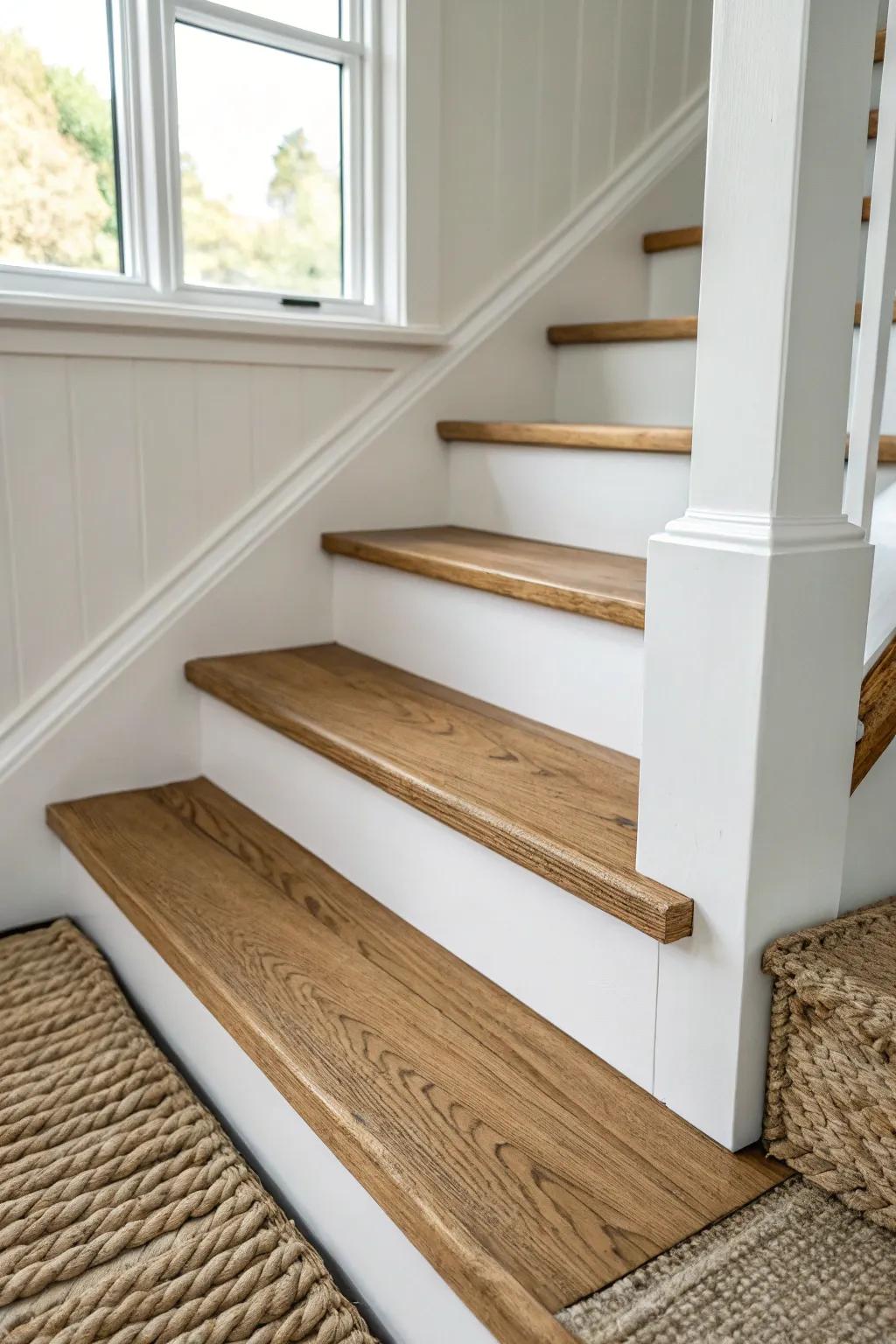 Natural oak treads shine beside crisp painted risers—simple, bright, and beautifully timeless.