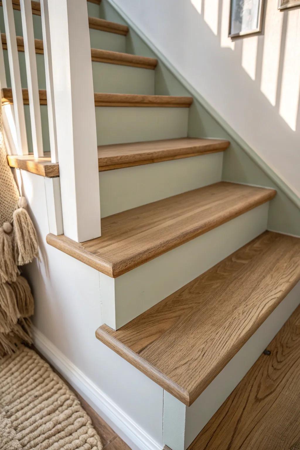 Soft sage-painted risers add quiet personality while keeping warm wood treads front and center.
