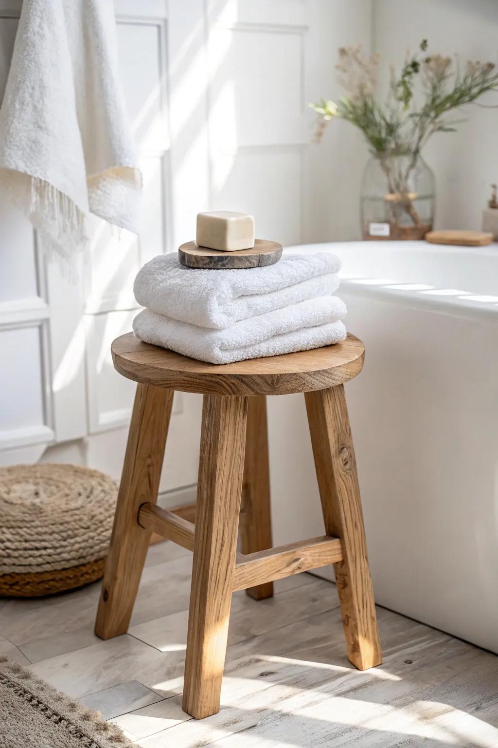 Turn a simple wooden stool into a spa moment with crisp towels + a minimal soap dish.