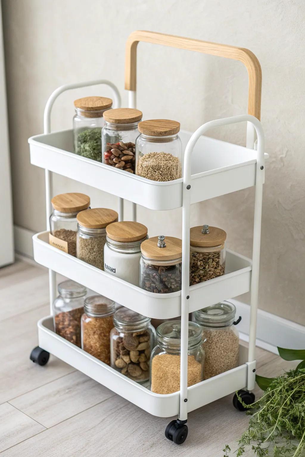 Effortless elegance in motion: Organize your space with a touch of Scandinavian-Boho charm by using a rolling cart for your mason jar storage.
