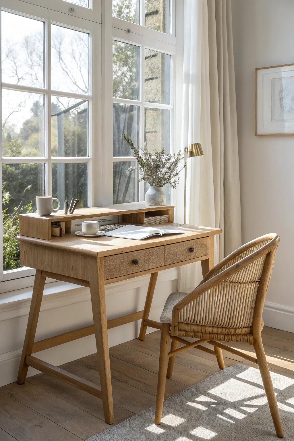 A window-facing oak desk with a slim back shelf—bright, calm, and perfectly practical.