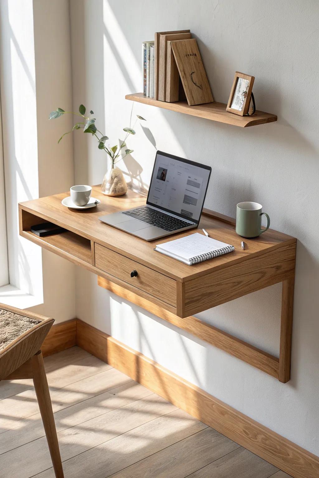 Floating oak study table: space-saving, wall-cleat sturdy, and beautifully minimalist.