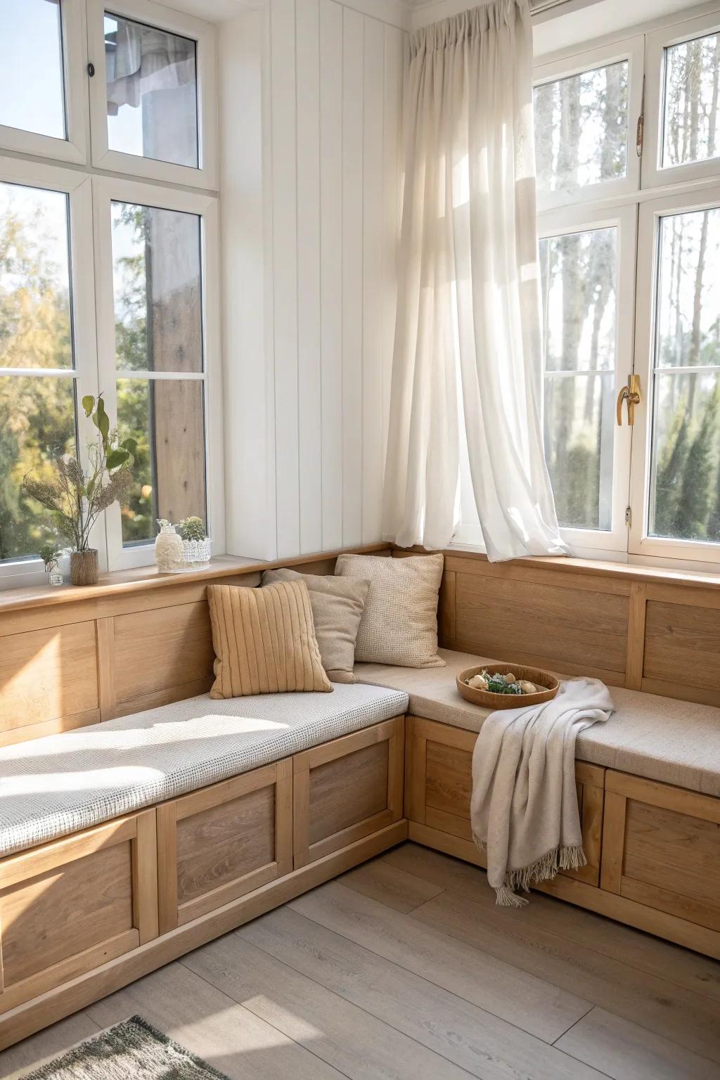 Cozy sunroom corner banquette—minimalist oak seating with hidden storage for pillows.