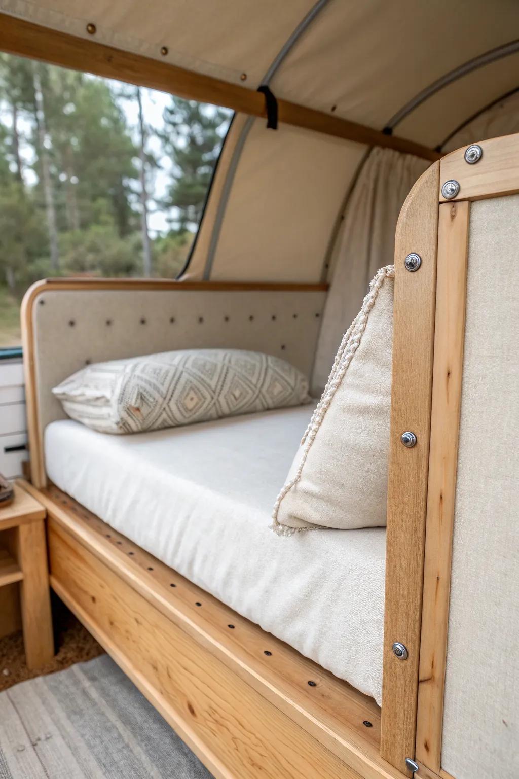 Rainy-day ready: a plywood backrest panel turns the teardrop bed into a cozy couch.