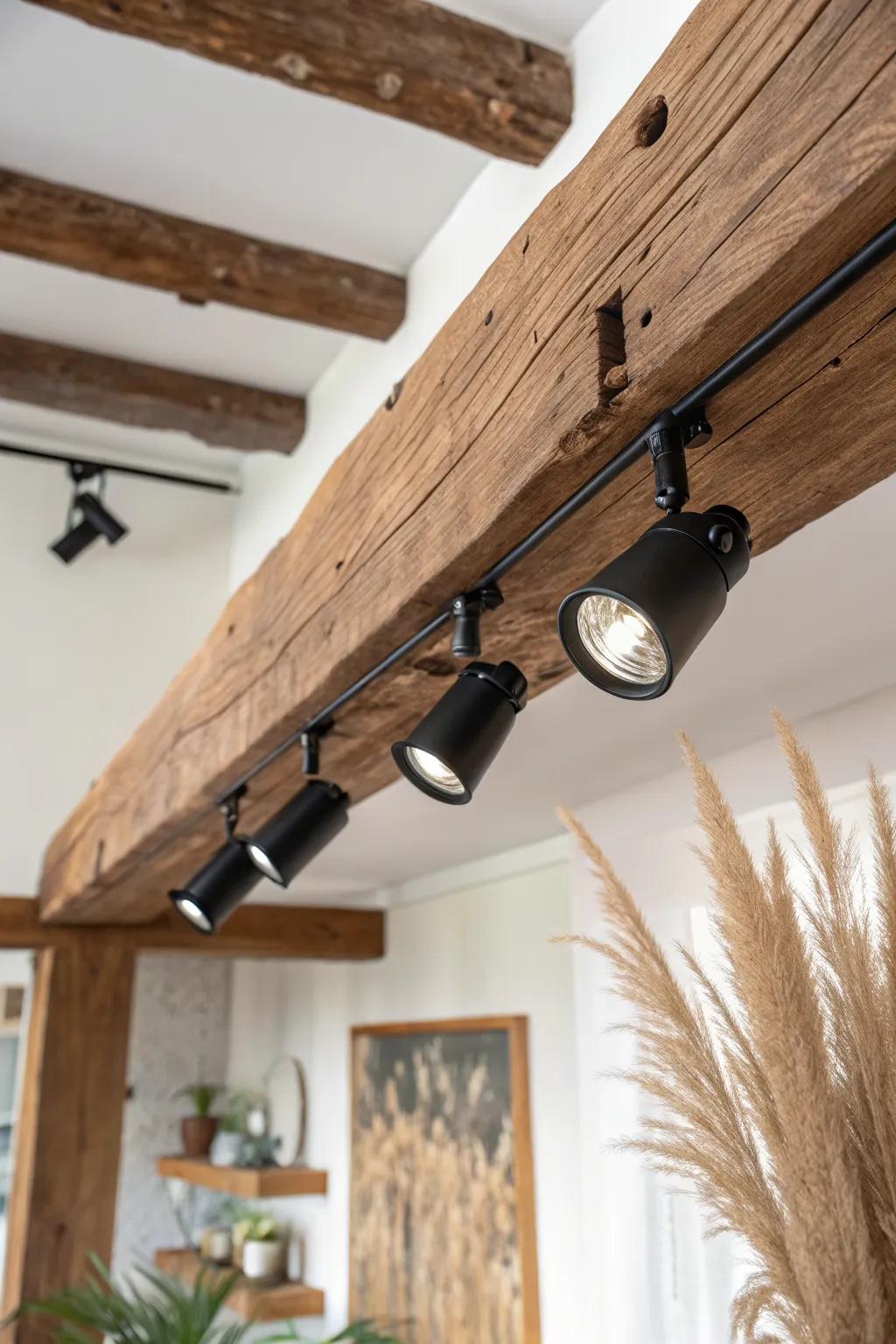 Beam-mounted track lights on a timber frame—aimable, minimal, and beautifully warm.
