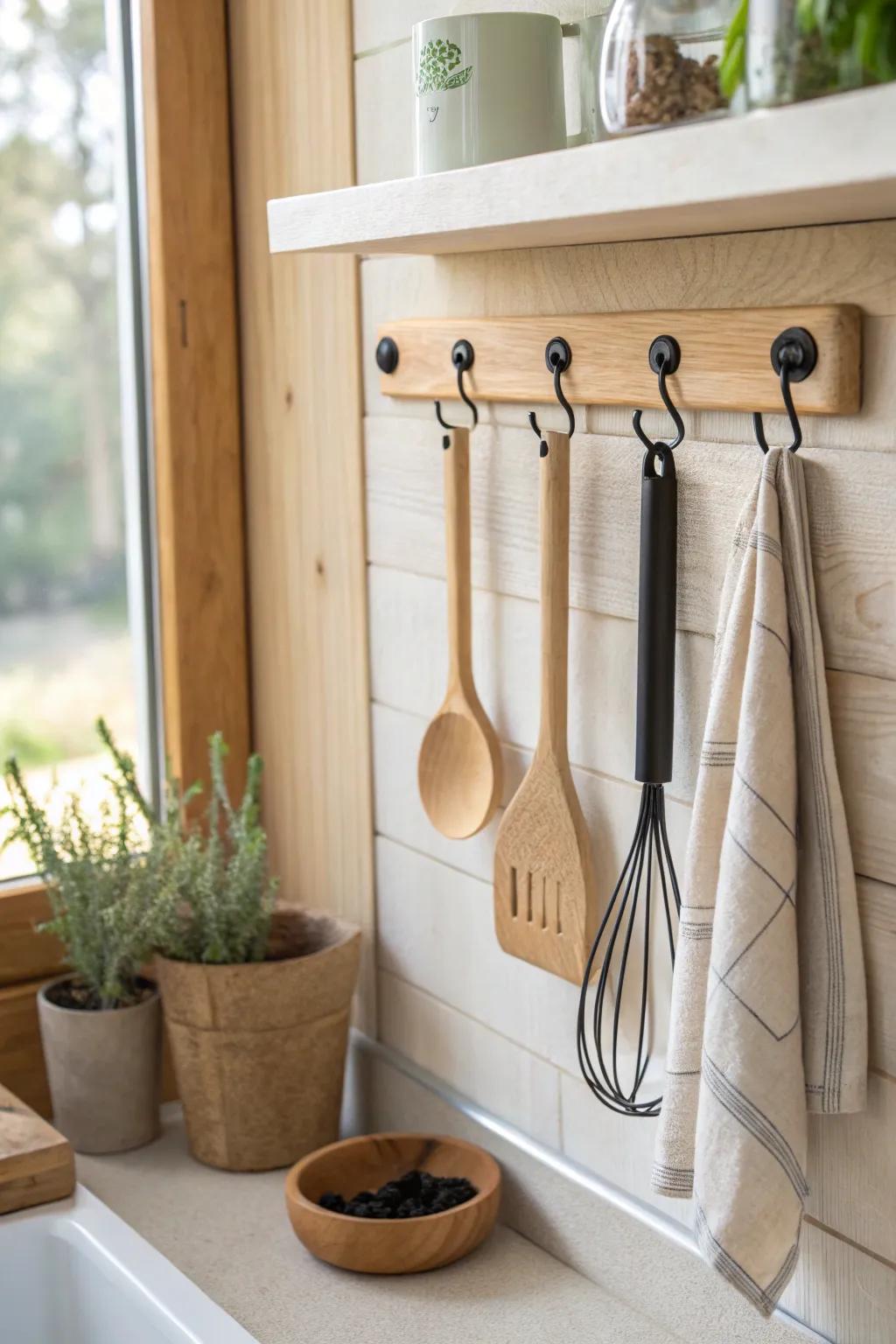 Vertical storage that frees the counter—simple rail, warm wood, calm tiny-kitchen prep.