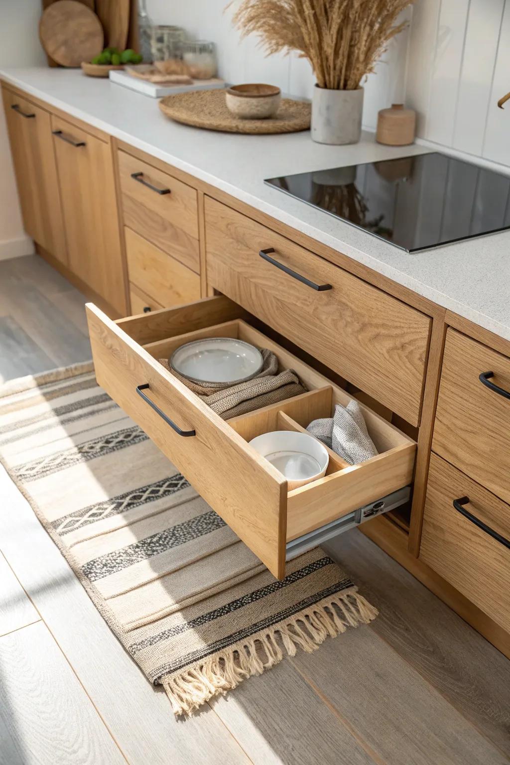Secret toe-kick drawer: hidden storage under cabinets for trays, wraps, and pet essentials.