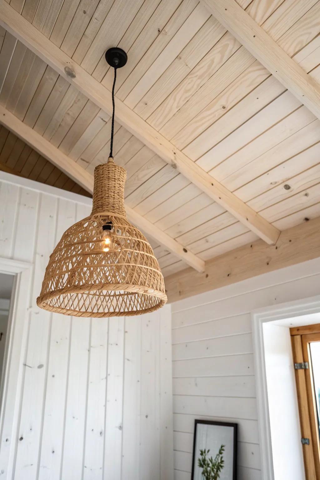 Natural wood ceiling + matte white walls: a two-tone contrast that makes tiny spaces feel taller.