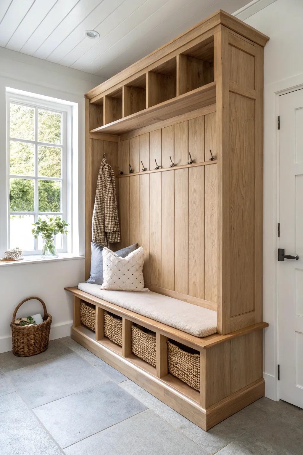 A tongue-and-groove accent wall turns the entry drop zone into warm, crafted calm.