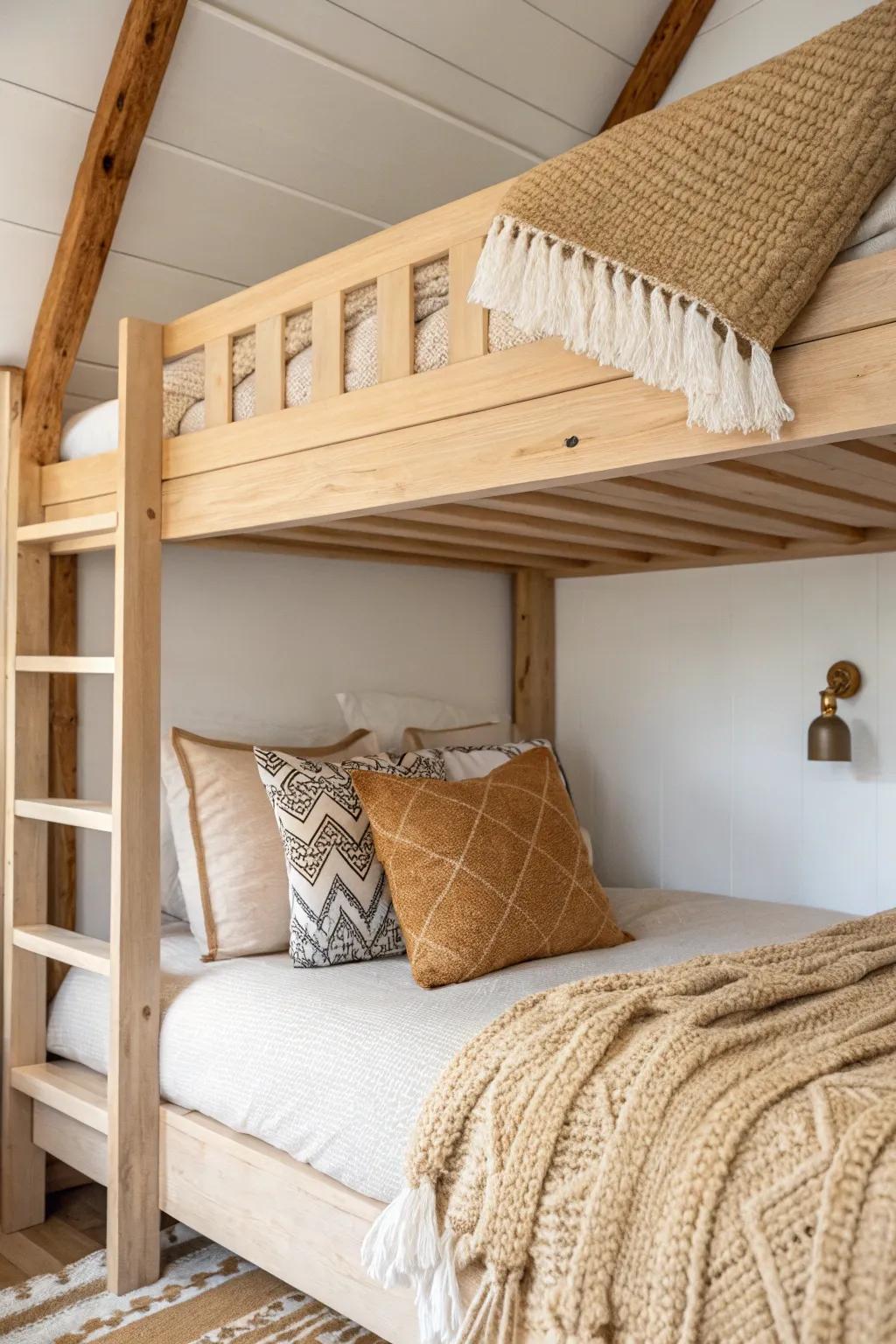 Turn the ceiling into a fifth wall—paint a soft panel above the pillow for a cozy top bunk nook.