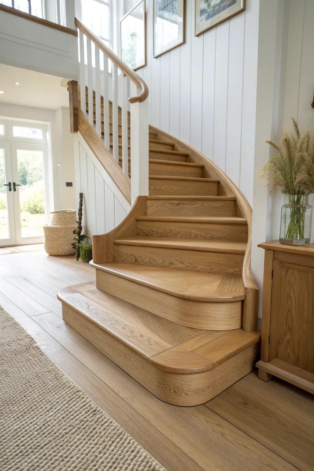 Flared starter steps add a grand, welcoming curve—traditional craft with a calm, modern feel.