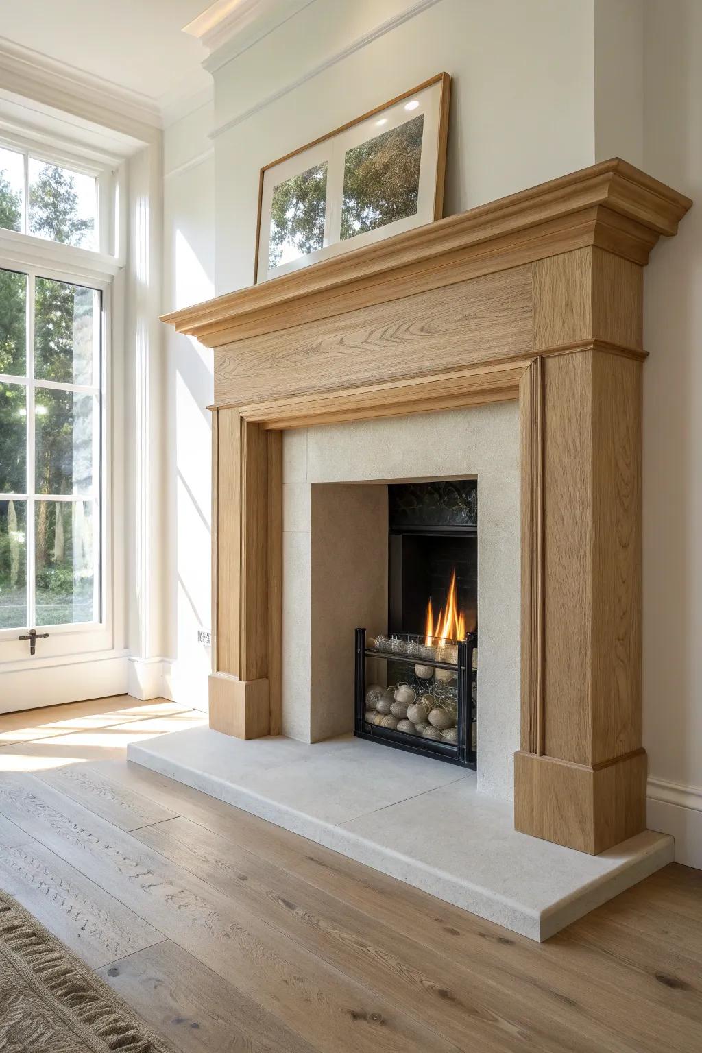A tapered wood surround adds gentle, custom detail—traditional warmth with a clean modern edge.